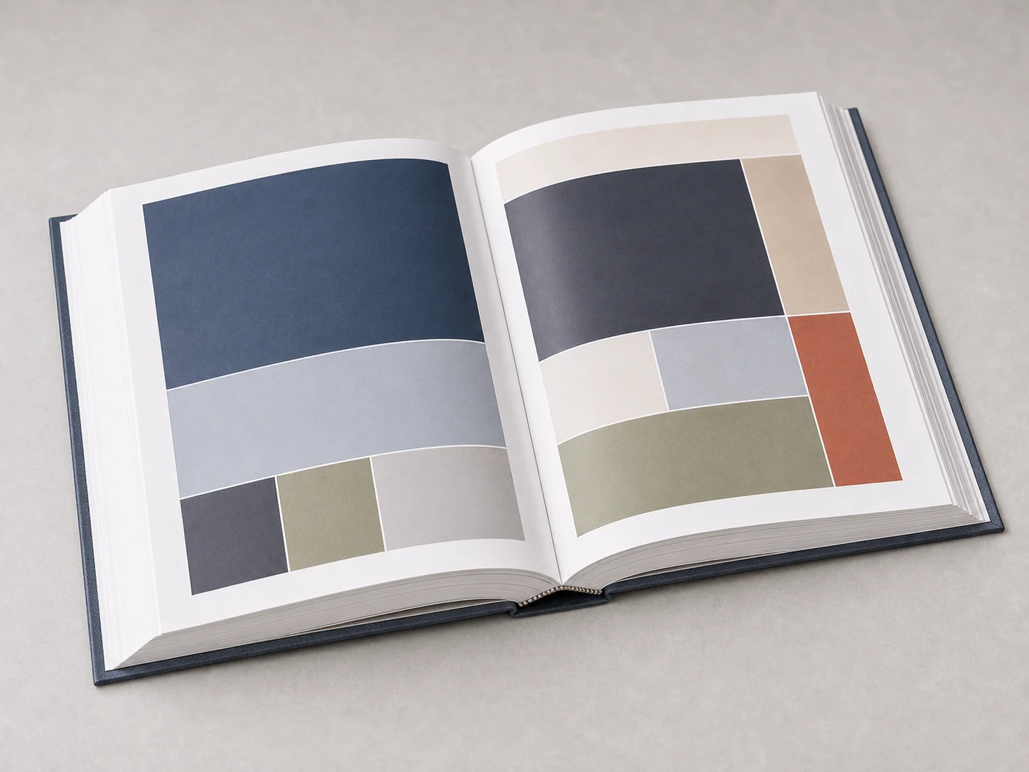 Open hardcover reference book sample with full color interior pages