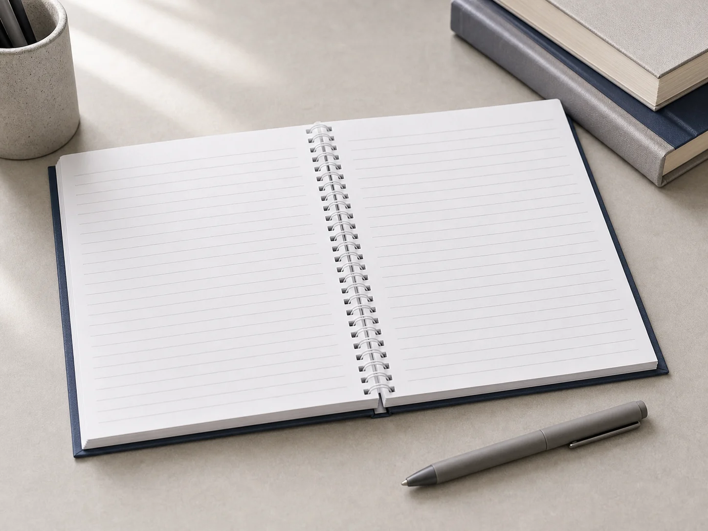 Spiral bound notebook opened flat for flexible handling