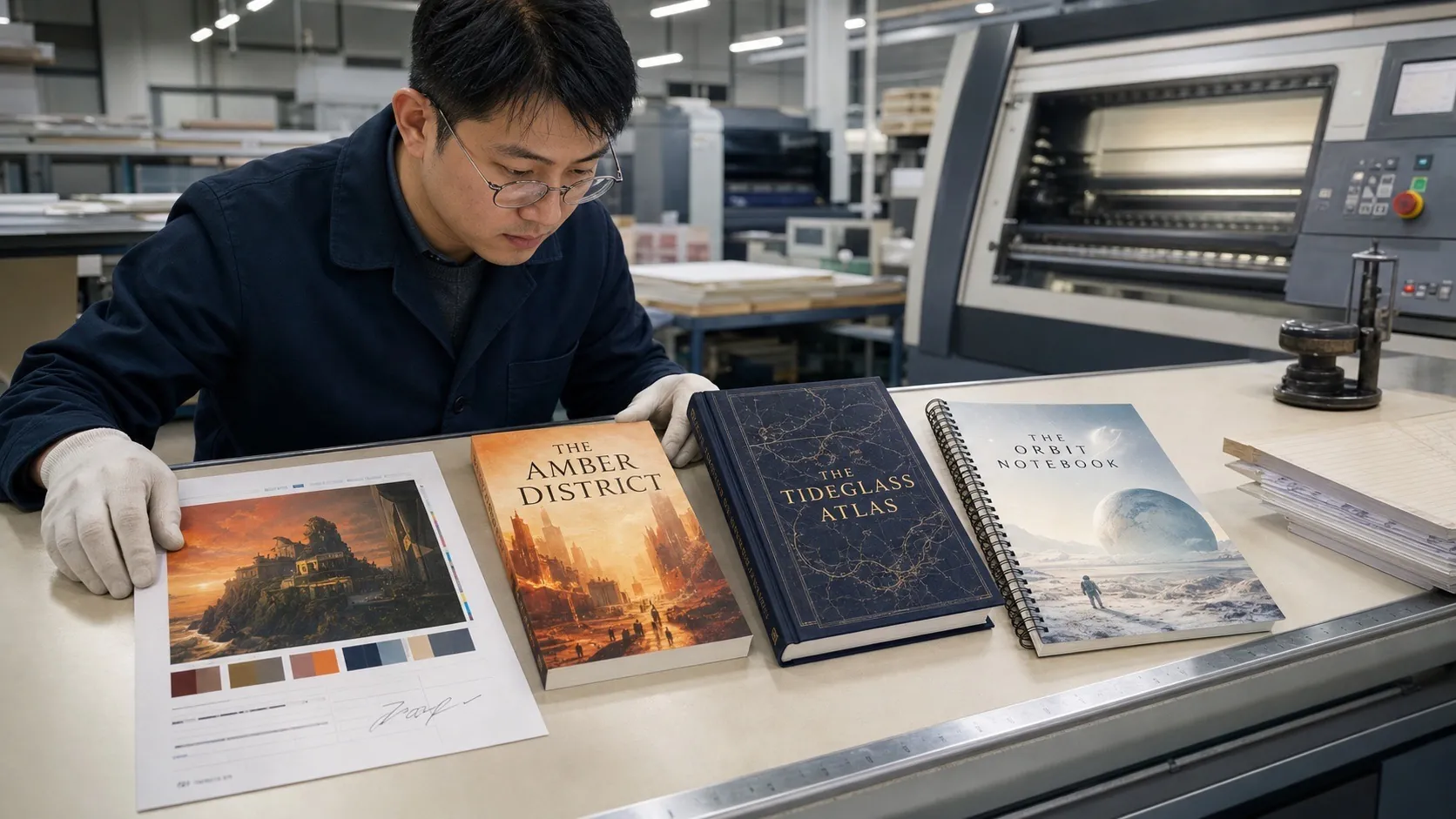 China factory specialist reviewing original fictional books and a color proof