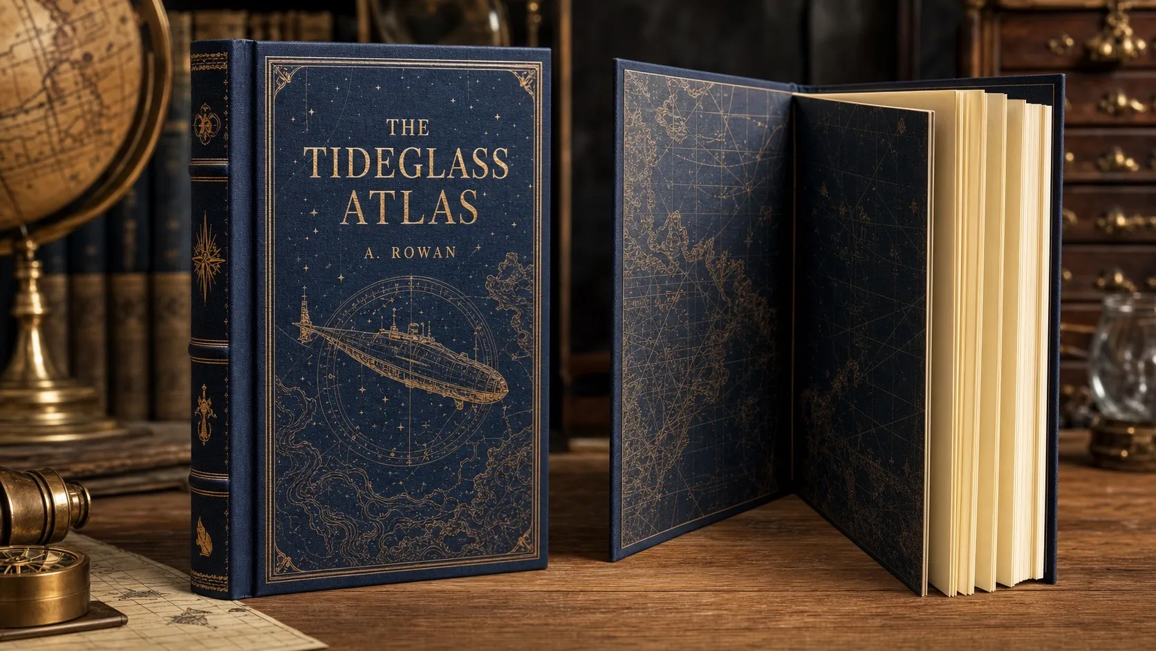 Original fictional cloth hardcover titled The Tideglass Atlas with gold foil map artwork