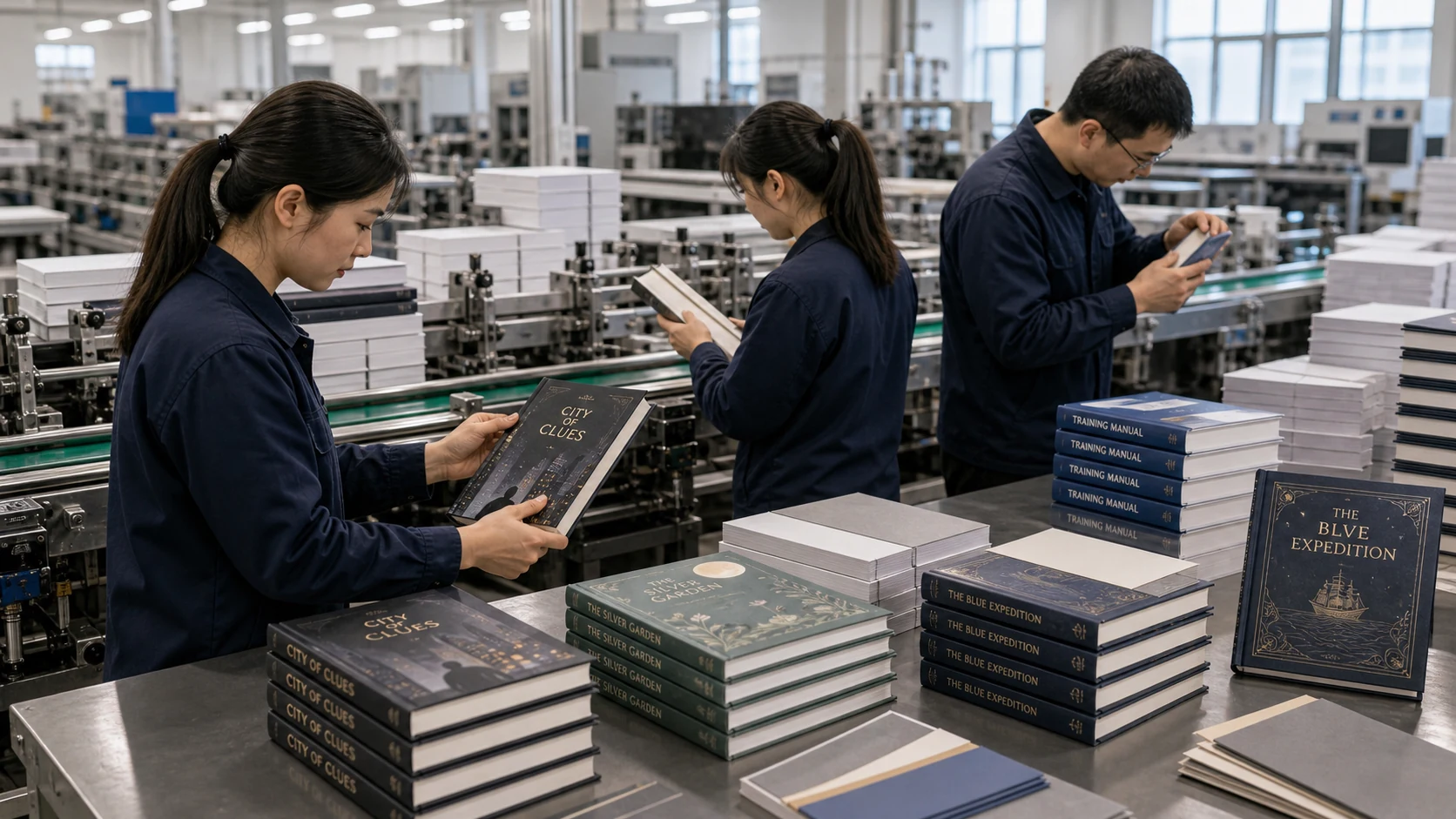 Workers checking binding quality on book samples