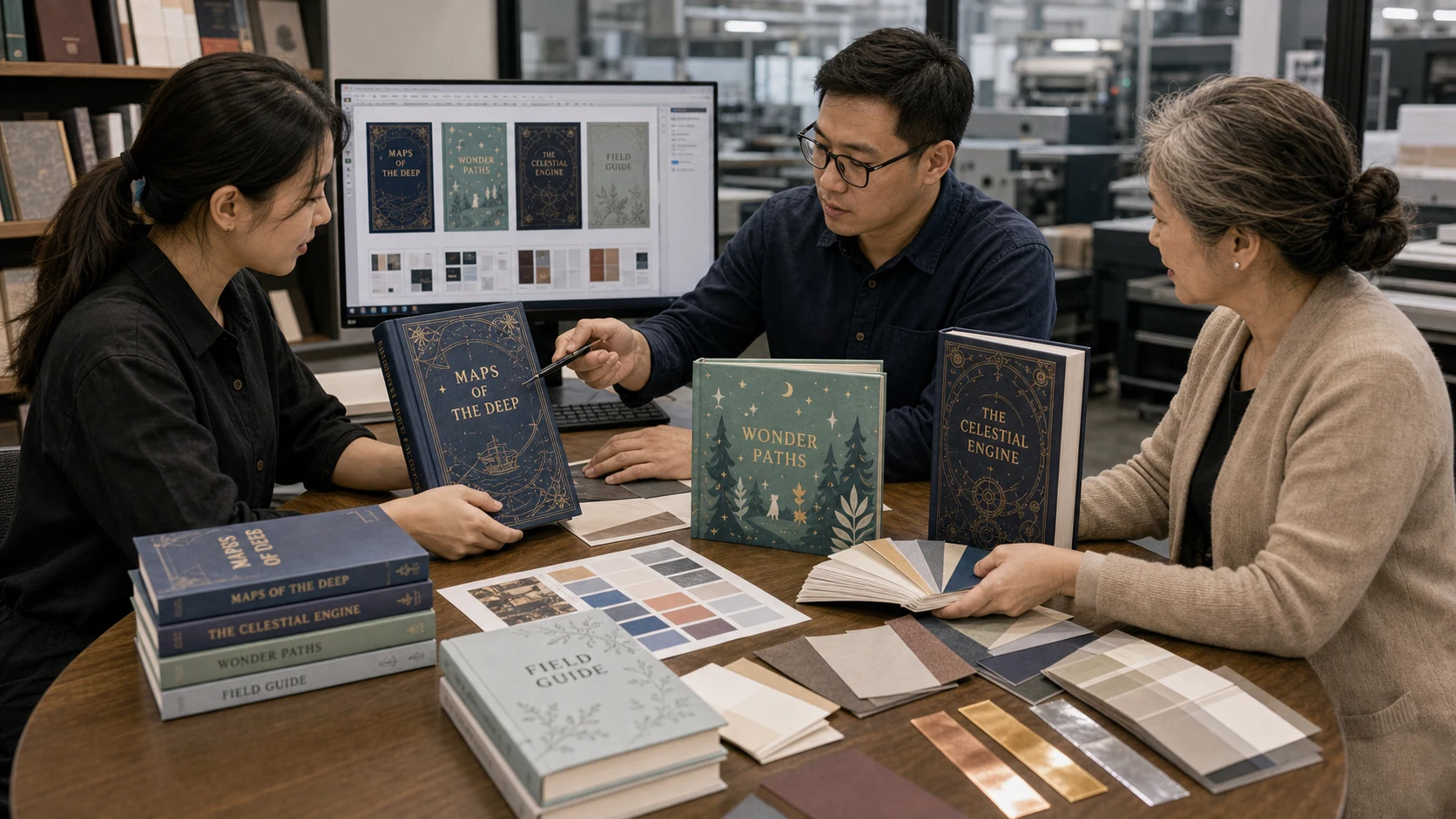 Designer and print specialist reviewing book covers paper and binding