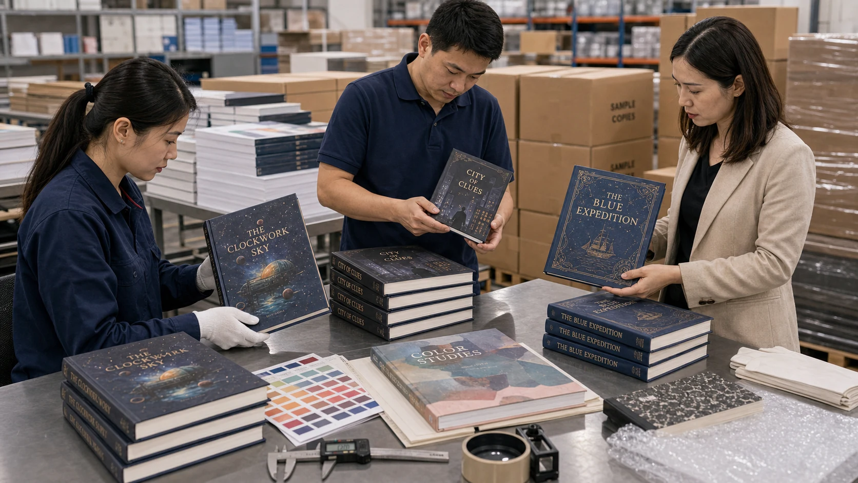Quality staff inspecting finished books