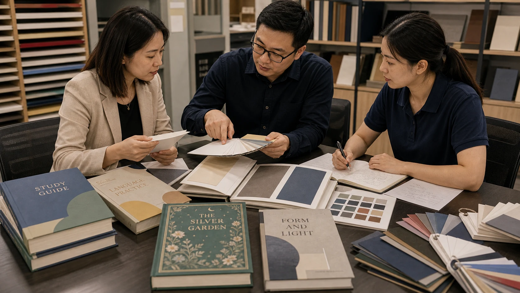 Factory specialists comparing paper materials for book production