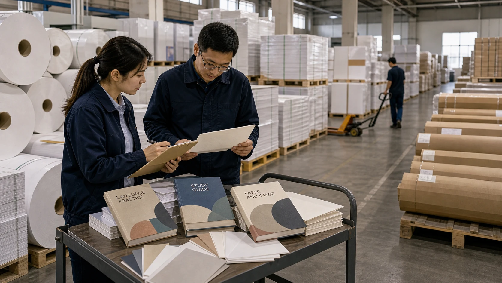 Paper warehouse staff checking stock for book production