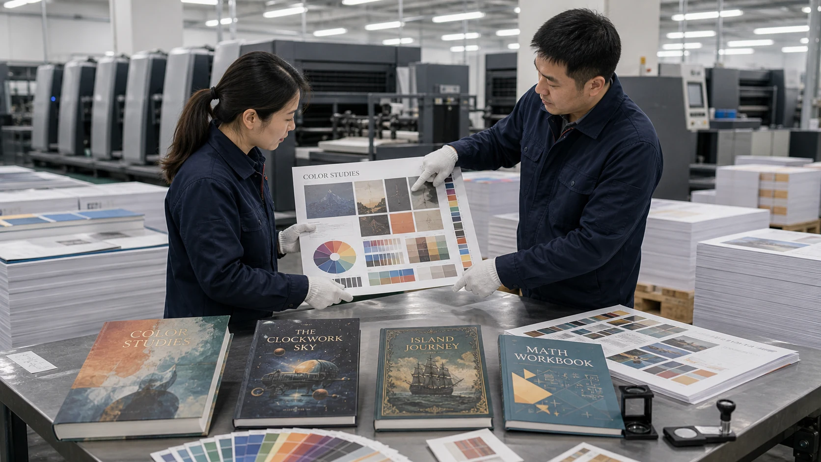 Print staff checking color proofs on the press floor
