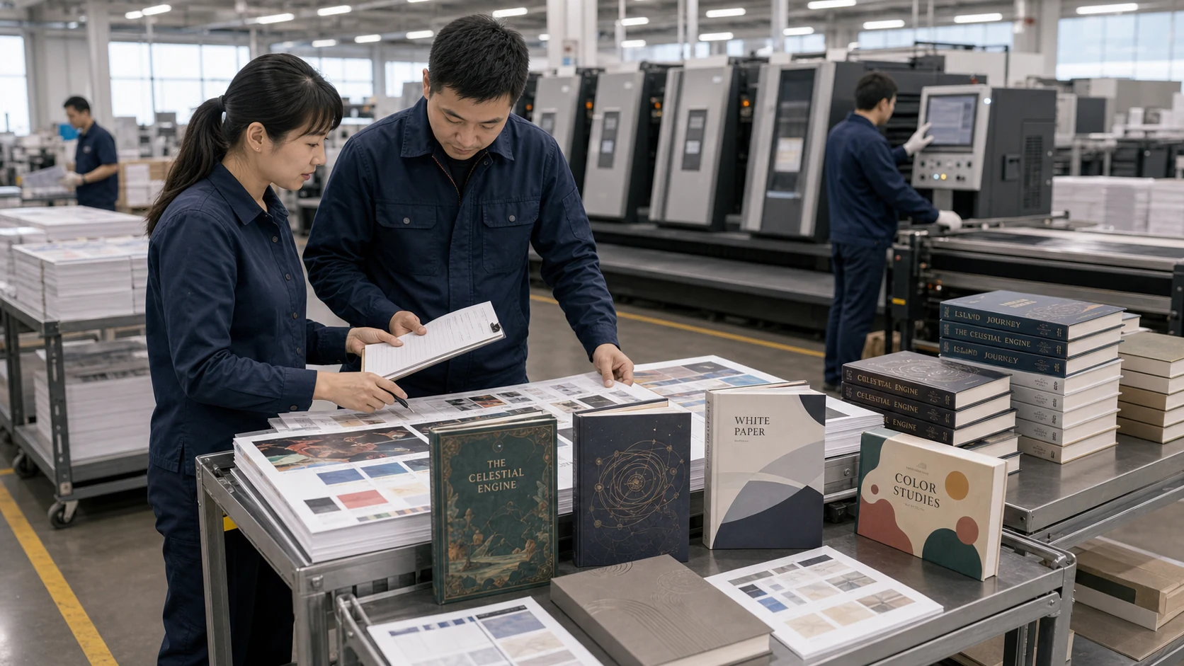 Production staff reviewing books beside printing equipment