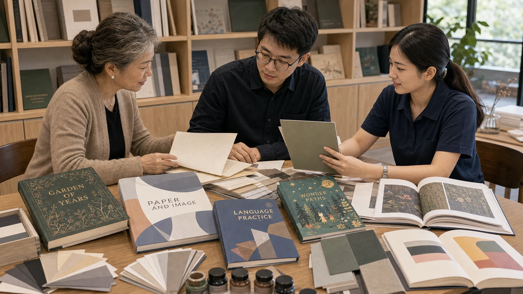 Material specialist reviewing responsible paper choices for books