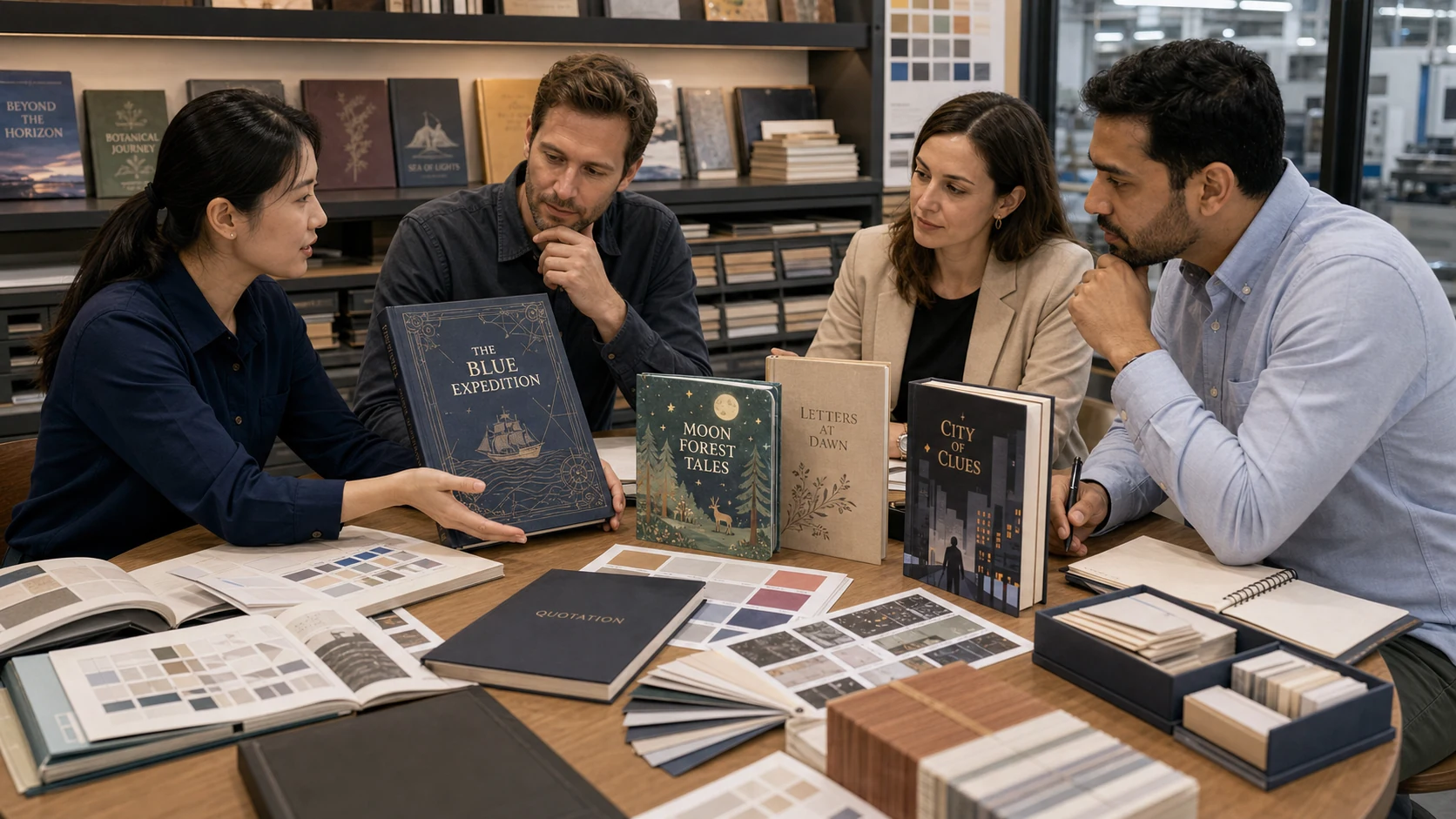 International clients and factory specialists reviewing book printing samples