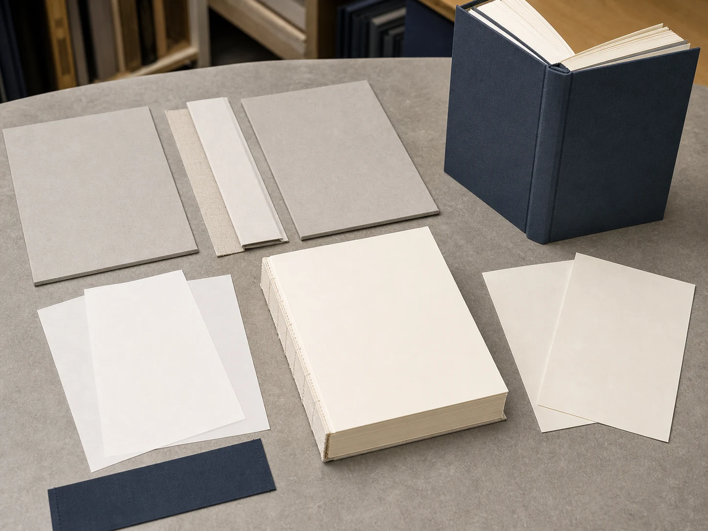 Case-bound hardcover structure with book block and cover board sample