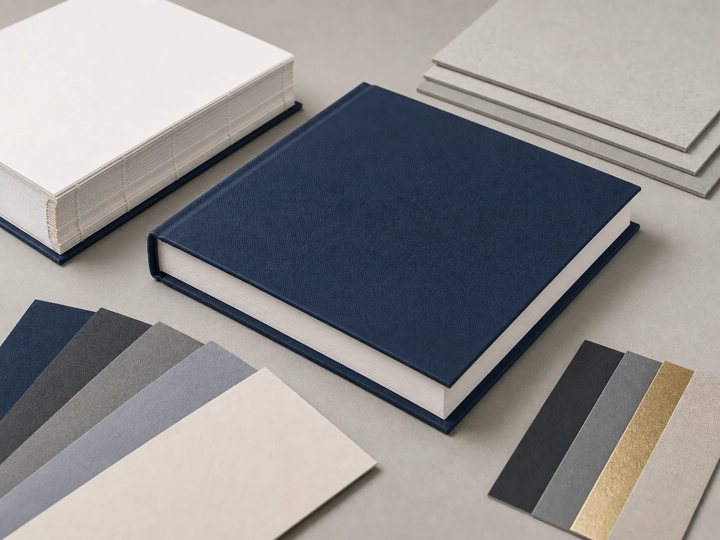 Hardcover quote review sample with casebound book and finishing swatches