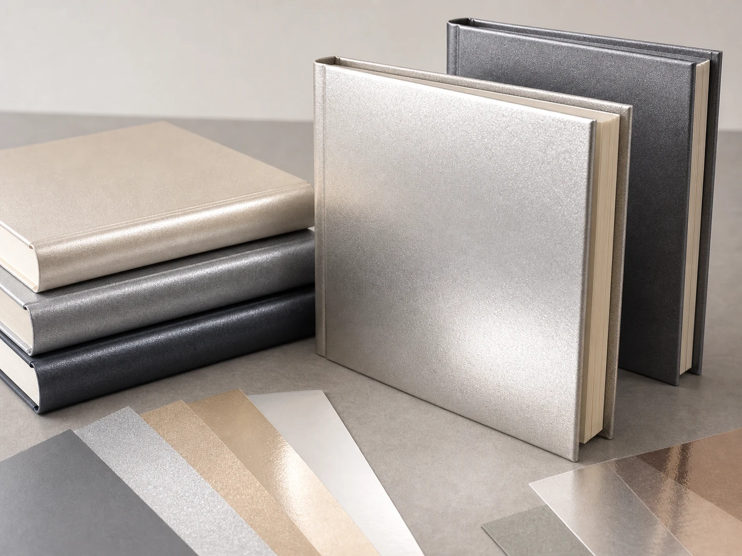 Metallic paper hardcover material sample with reflective finish