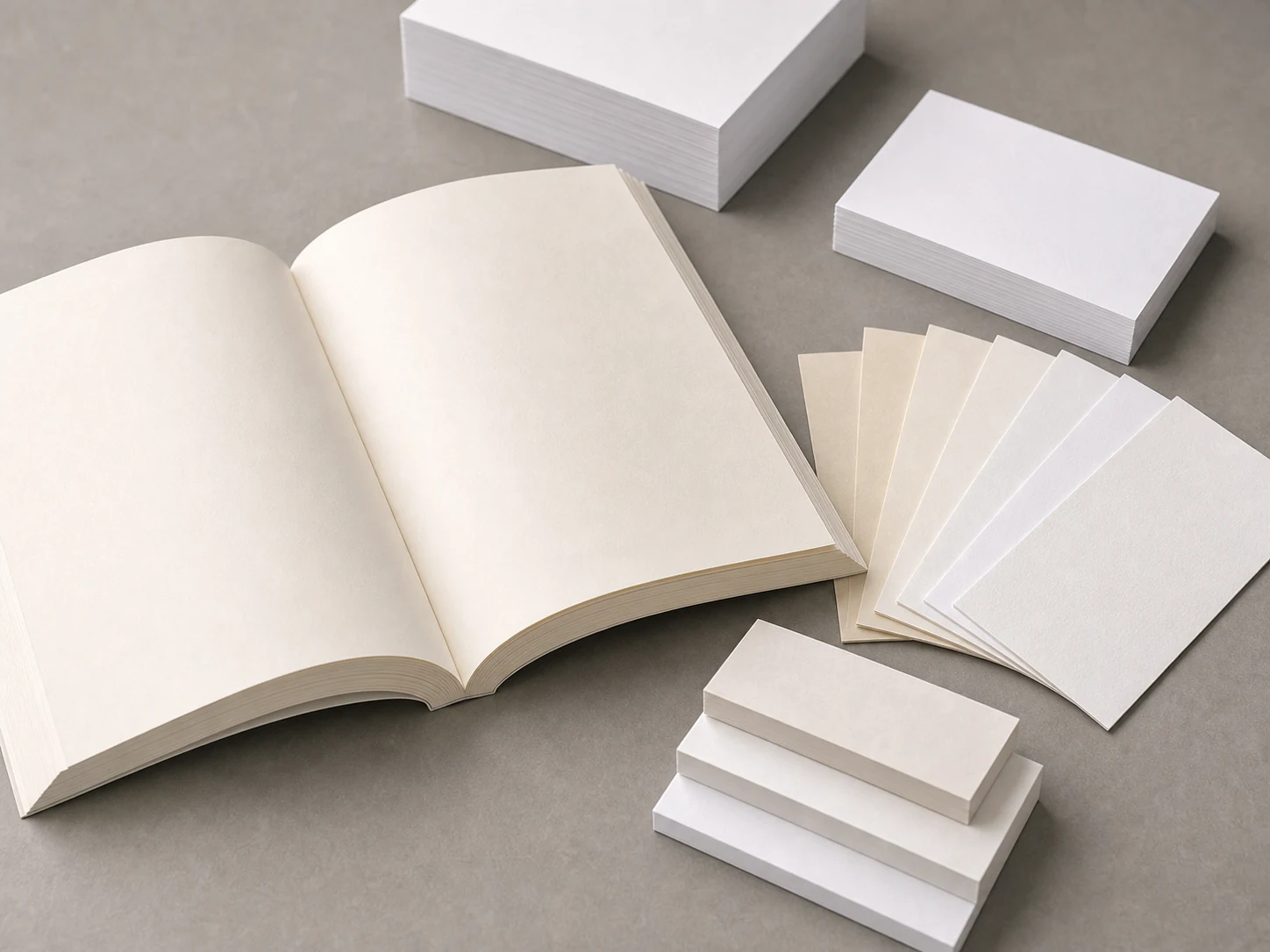 Paperback reading paper comparison with open book and paper shade swatches