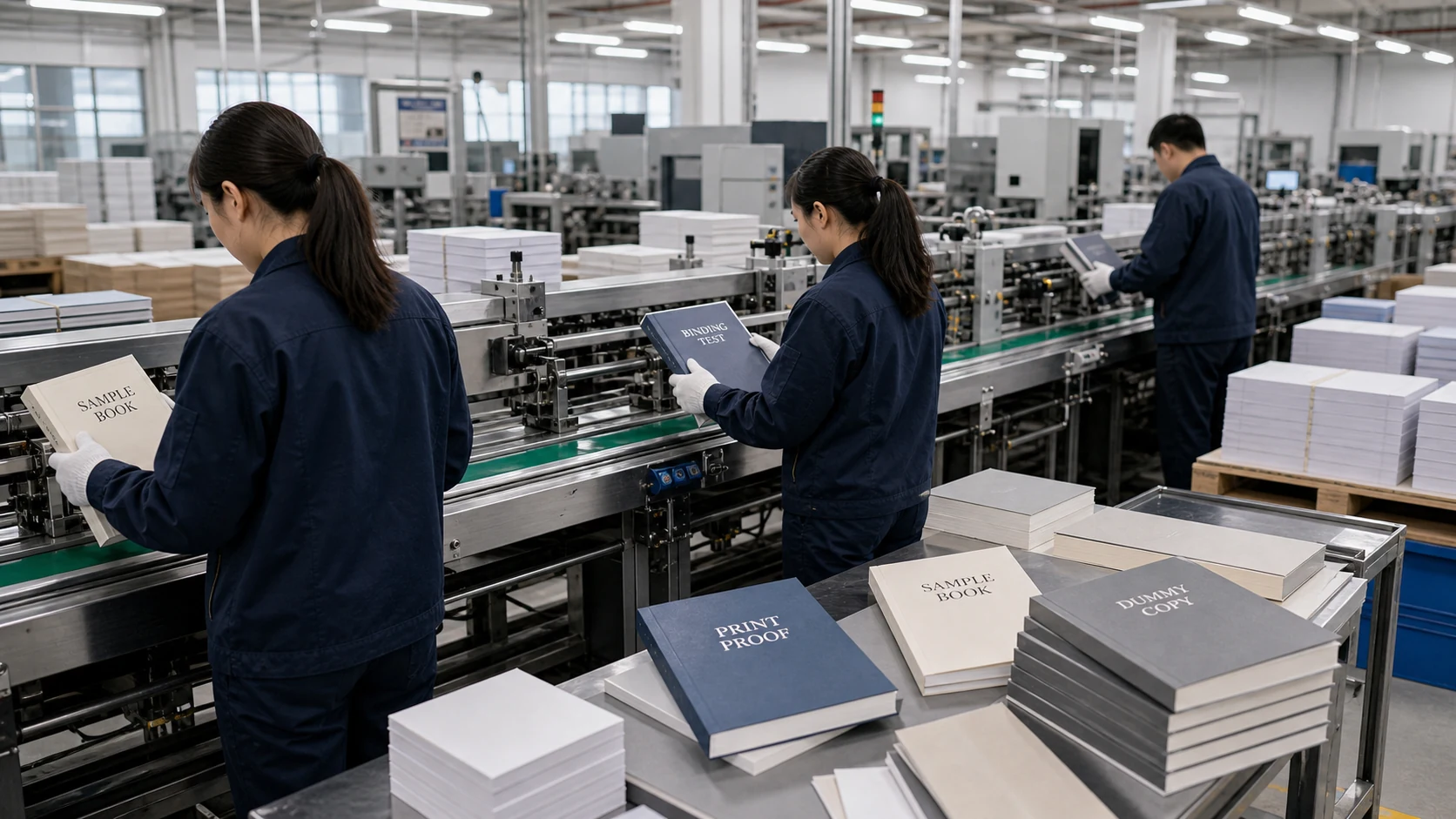 Mixed workers inspecting sample books on a book binding line