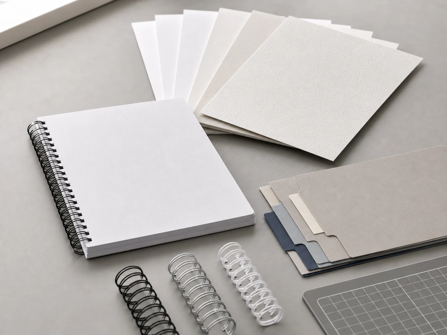 Wire-O material review scene with cover and paper swatches