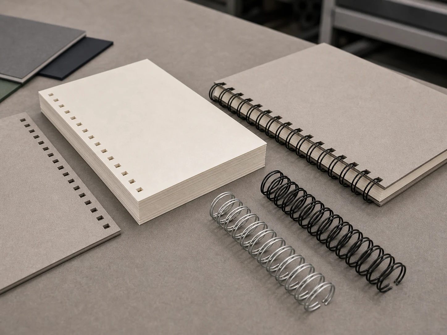 Punched page edge and binding hardware samples for Wire-O production