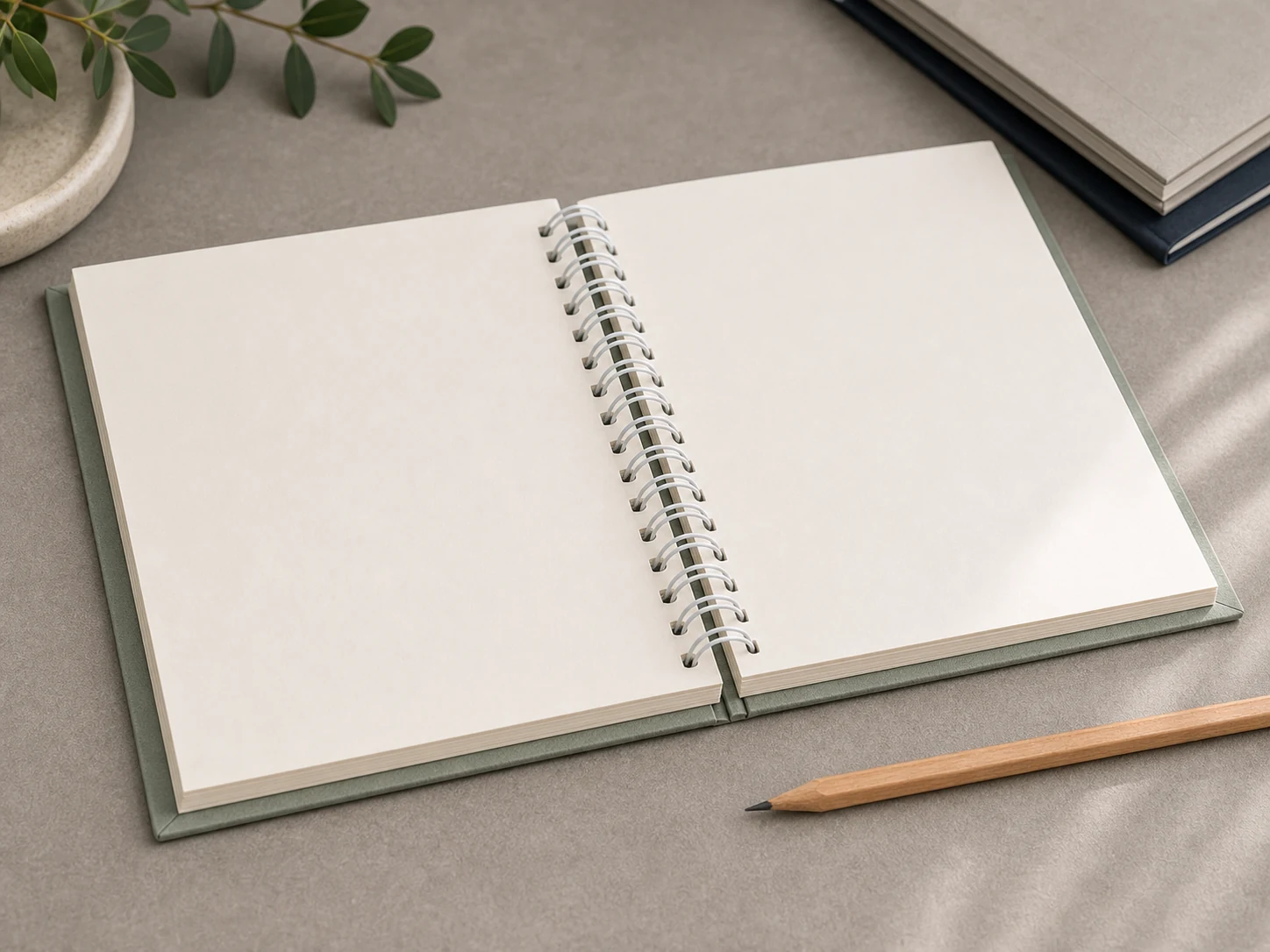 Spiral bound notebook opened flat with pencil and pages